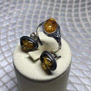 925 Sterling Silver Natural Amber Ring & Earrings Set – Size 9